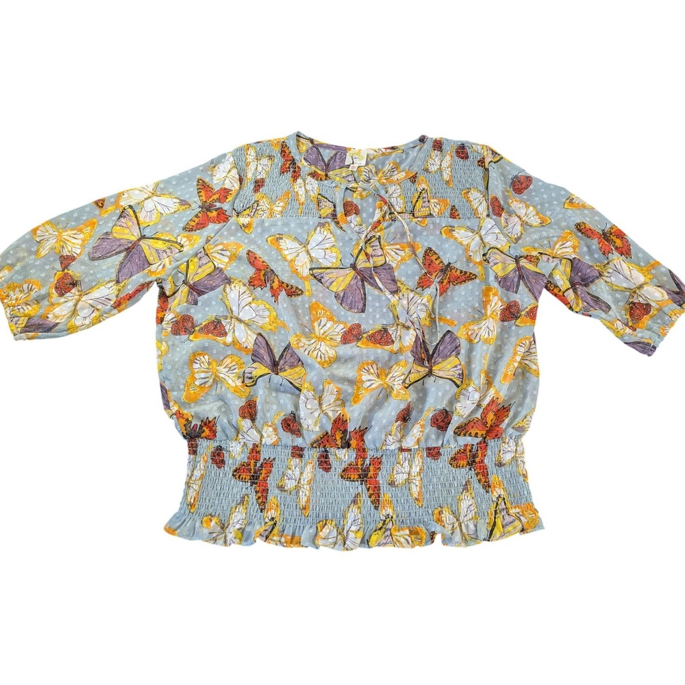 Whimsigoth Butterfly Print Sheer Swiss Dot Smocked Top Plus 3X Fig and Flower